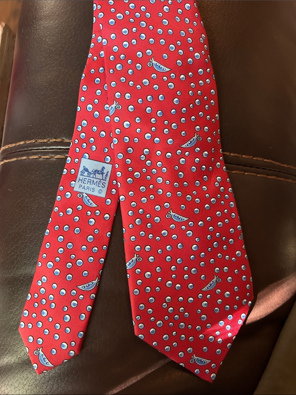 Hermès Red Silk Tie with Blue Dot Motif